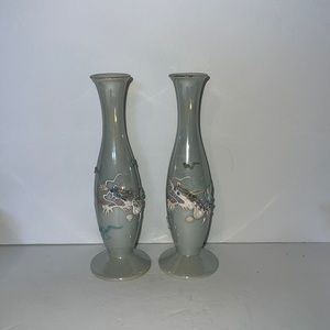 Pair of Vintage Moriage Dragonware Luster Sheen Bud Vases 7”